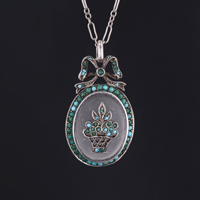 Antique Rock Crystal and Turquoise Flower Pendant image 1