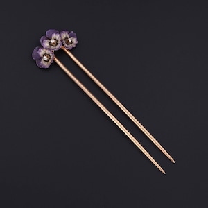 Antique Enamel and Diamond Pansy Hair Pin of 14k Gold image 1