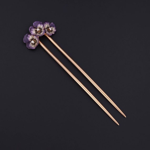 Antique Enamel and Diamond Pansy Hair Pin of 14k … - image 1