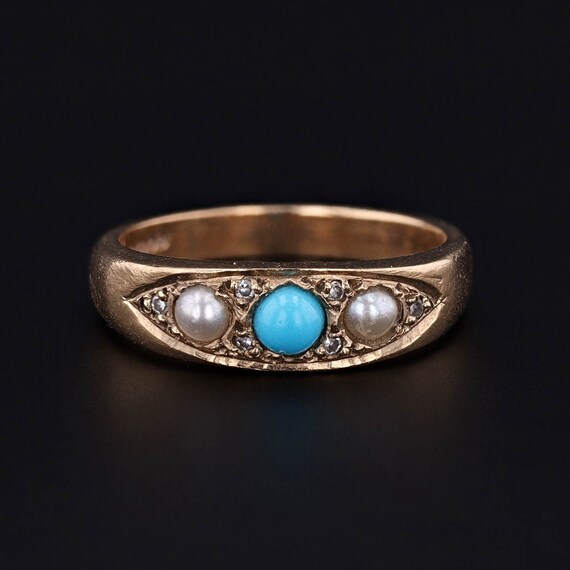 Turquoise Pearl and Diamond Ring of 9ct Gold - image 1