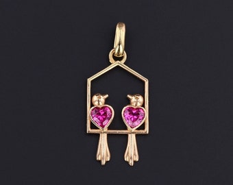 Vintage Ruby Lovebirds Pendant of 18k Gold