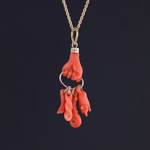 Antique Coral Hand Charm Pendant of 14k Gold image 1