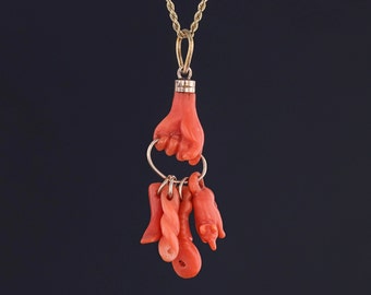 Antique Coral Hand Charm Pendant of 14k Gold