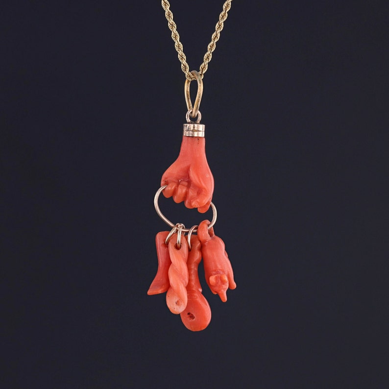 Antique Coral Hand Charm Pendant of 14k Gold image 1