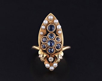 Art Nouveau Sapphire and Pearl Ring of 14k Gold