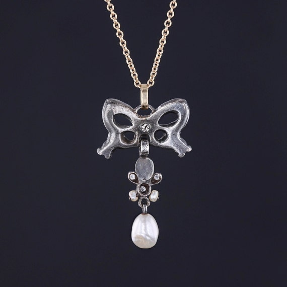 Antique Diamond and Pearl Bow Pendant - image 2