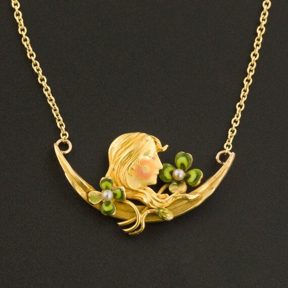 Art Nouveau Woman with Clovers Necklace | 14k Gold