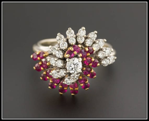 Vintage 18K Gold Plated Ruby and Pearl Cluster Ring Vintage 1960s 