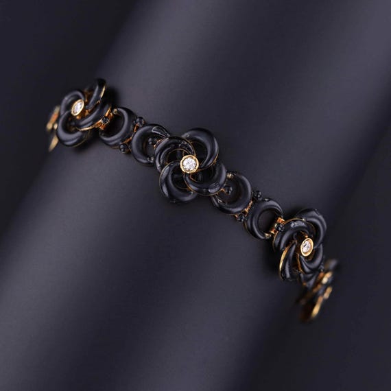 Antique Black Enamel and Diamond Love Knot Bracelet of 14k Gold