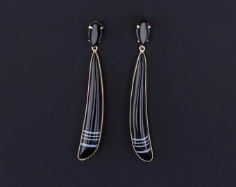 Banded Agate and Onyx Earrings of 14k Gold