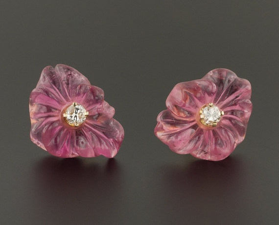 Vintage Pink Tourmaline Flower Earrings | 14k Gold
