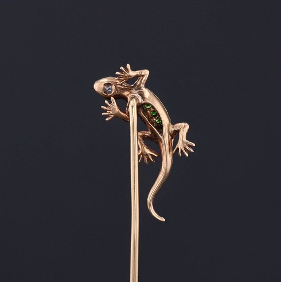 Antique Demantoid Garnet Lizard Stickpin of 14k G… - image 2