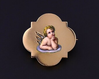 Antique Enamel Cherub Brooch of 18k Gold