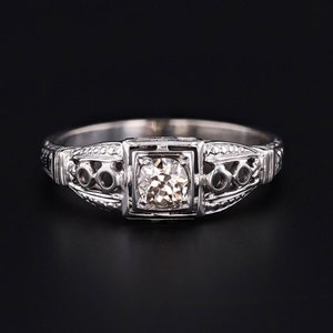 Art Deco Filigree Diamond Engagement Ring of 14k White Gold