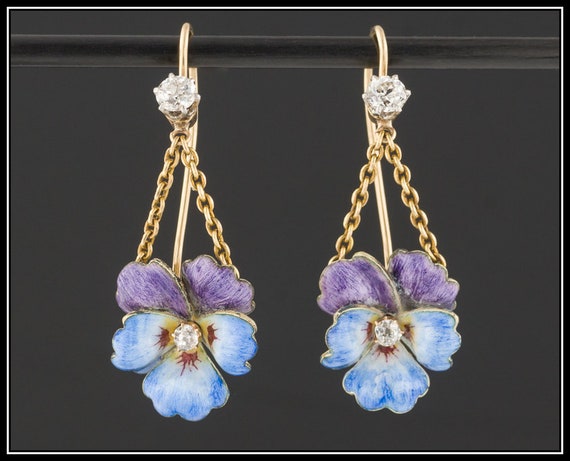 14k Gold & Enamel Pansy Earrings | Antique Convers