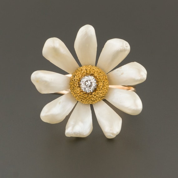 Pearl Flower Ring | Pearl & Diamond Flower Ring |