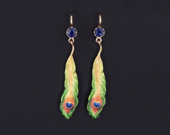 Antique Enamel Peacock Feather and Sapphire Conversion Earrings of 14k Gold