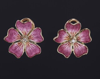 Vintage Enamel Flower Earrings of 14k Gold