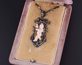 Victorian Carved Coral Cherub on Diamond Anchor in Original Box