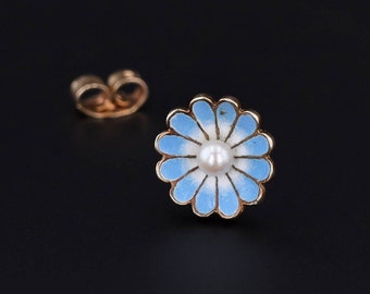 Antique Enamel Flower Single Stud Earring 9ct Gold