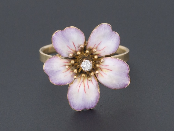 14k Gold Enamel and Diamond Flower Ring | Antique