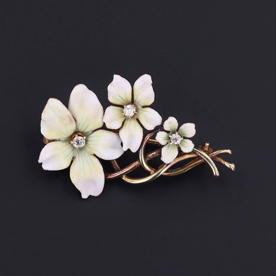 Antique White Enamel Violet Flower Brooch of 14k … - image 1