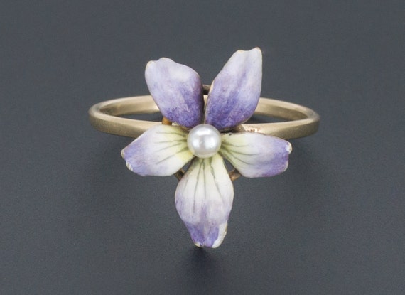 Enamel Violet Ring | 14k Gold Flower Ring | Antiqu