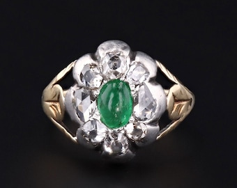 Antique Emerald Cabochon and Diamond Ring