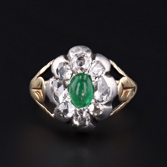 Antique Emerald Cabochon and Diamond Ring - image 1