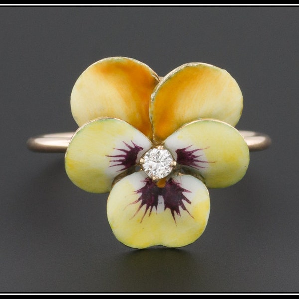 SOLD TO K. -- Deposit Payment- Vintage Enamel & Diamond Pansy Ring, 14k Yellow Enamel Flower Ring