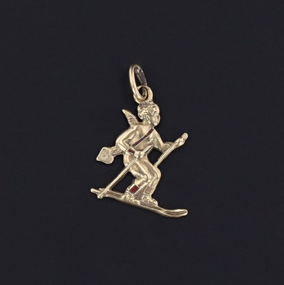 Vintage Skiing Cupid Charm of 14k Gold - image 1