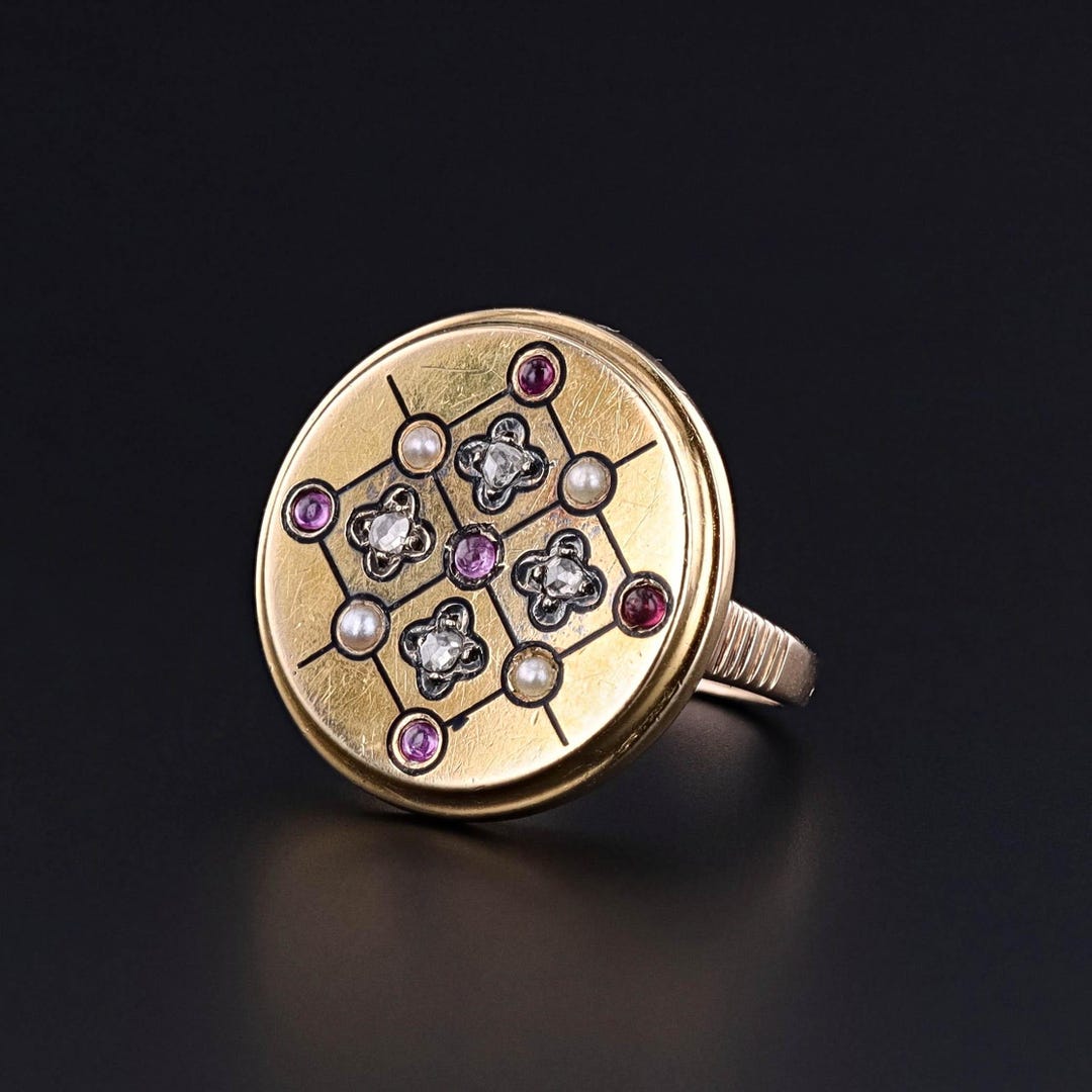 Antique Ruby, Diamond and Pearl Button Ring of 18k Gold - Etsy