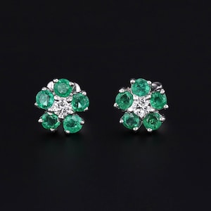 Vintage Emerald and Diamond Flower Stud Earrings image 1