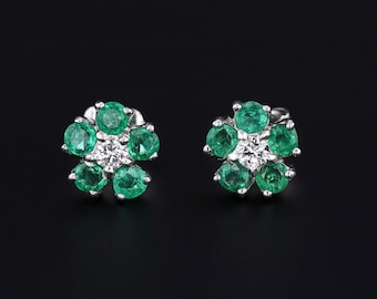 Vintage Emerald and Diamond Flower Stud Earrings