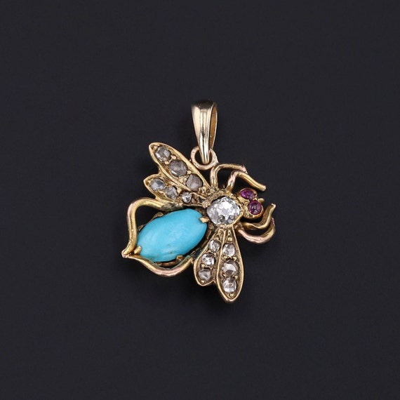 Antique Turquoise Insect Conversion Pendant of 14k