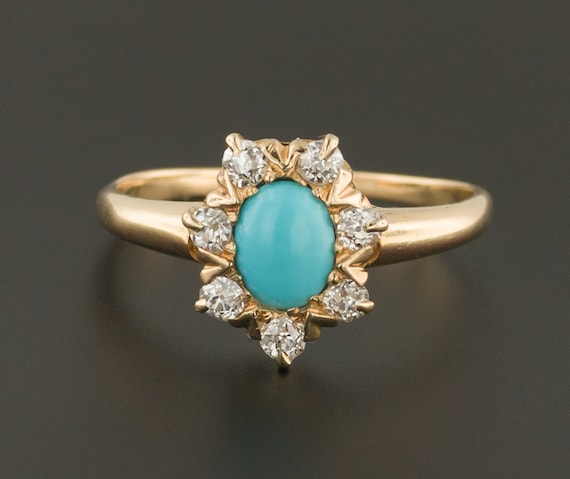 Antique Turquoise & Diamond Ring | 14k Gold Ring |