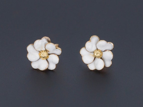 14k Gold Enamel Flower Earrings | Vintage Enamel F