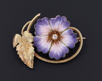 Antique Enamel and Diamond Flower Brooch of 14k Gold