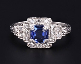 Art Deco Sapphire and Diamond Engagement Ring Platinum