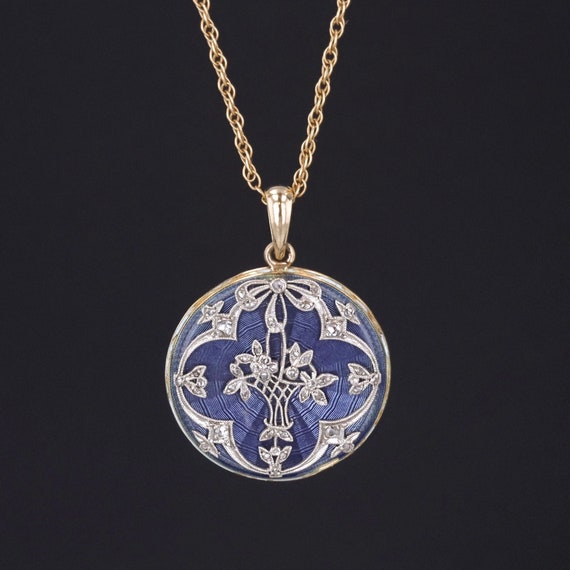 Antique Flower Basket Necklace | Diamond & Enamel