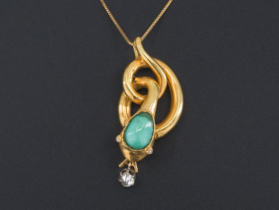 Antique Snake Pendant | 14k Gold Turquoise & Diamo