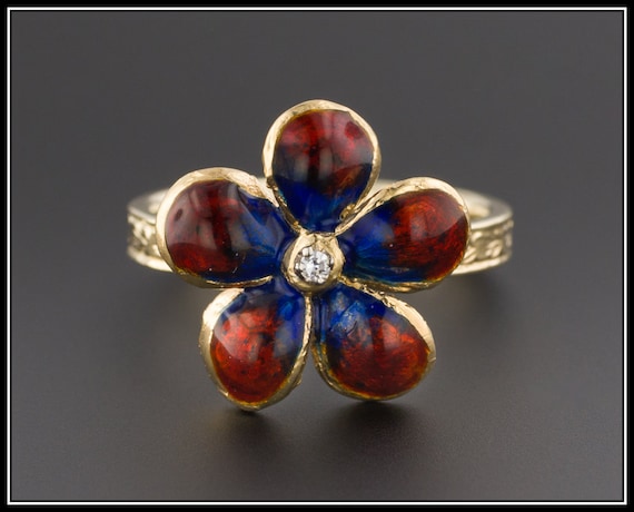 Enamel Flower Ring | 14k Gold Flower Ring | Vintag