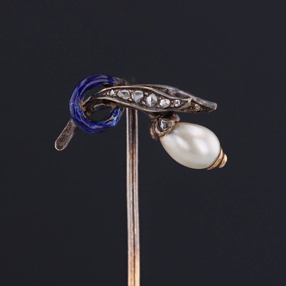 Antique Enamel Pearl and Diamond Stickpin