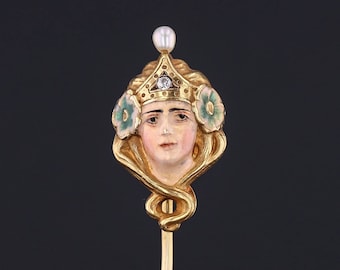 Art Nouveau Enamel Woman Stickpin of 14k Gold