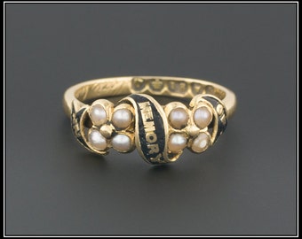 SOLD to K. - Antique Victorian Mourning Ring, 18k Gold & Pearl "In Memory Of" Memorial Ring
