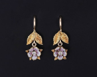 Antique Enamel Flower Earrings of 14k Gold