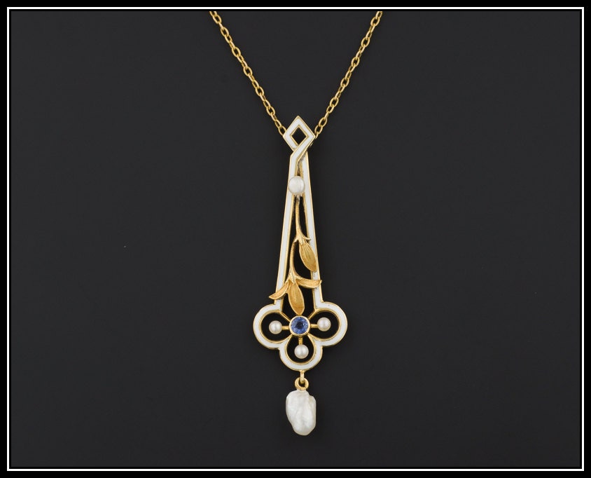 Art Nouveau 14k Gold Enamel & Sapphire Necklace 14k Gold | Etsy
