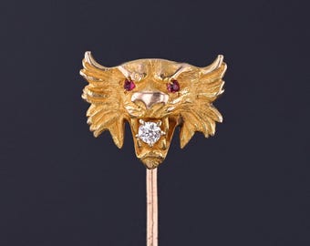 Alfiler de león antiguo de oro de 10 quilates