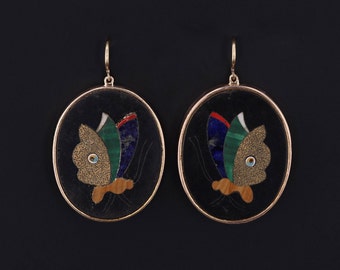 Antique Pietra Dura Butterfly Conversion Earrings of 14k Gold