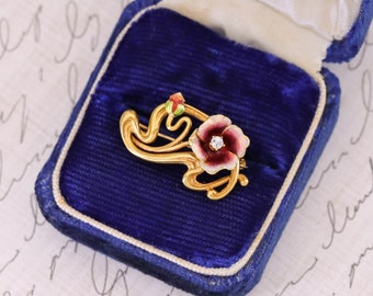 Antique Enamel Flower Brooch of 14k Gold